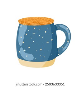 Waffle on top of the mug. Stroopwafel. Traditional dutch dessert with caramel topping. Vector isolated hand drawn illustration of traditional holland waffle for menu designs, prints, stickers