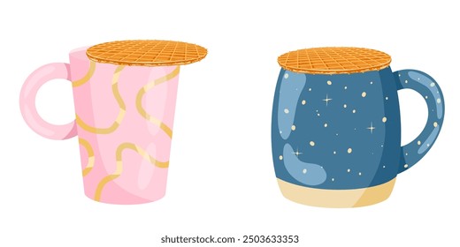 Waffle on top of the mug. Stroopwafel. Traditional dutch dessert with caramel topping. Vector isolated hand drawn illustration of traditional holland waffle for menu designs, prints, stickers