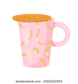 Waffle on top of the mug. Stroopwafel. Traditional dutch dessert with caramel topping. Vector isolated hand drawn illustration of traditional holland waffle for menu designs, prints, stickers