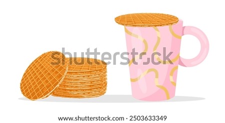 Waffle on top of the mug. Stroopwafel. Traditional dutch dessert with caramel topping. Vector isolated hand drawn illustration of traditional holland waffle for menu designs, prints, stickers