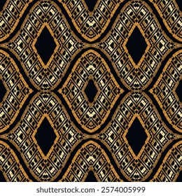 Waffle ornamental gold and black 3d seamless pattern with ancient greek key meander, wavy lines, rhombus. Vector luxury patterned background. Repeat textured beautiful modern grid glow 3d ornaments. 