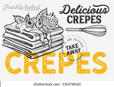 Waffle, pancake, crepe illustration for restaurant on vintage background. Vector hand drawn dessert icons for food cafe and bakery. Design with lettering and doodle graphic fruits.