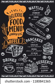 Waffle and pancake menu template for restaurant on a blackboard background vector illustration brochure for gourmet food and drink cafe. Design layout with vintage chef hat lettering and doodles.
