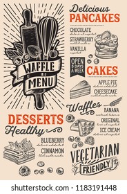 Waffle and pancake menu template for restaurant on a beige background vector illustration brochure for food and drink cafe. Design layout with vintage lettering and doodle hand-drawn graphic icons.