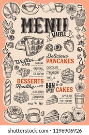 Waffle and pancake menu template for restaurant on a beige background vector illustration brochure for food and drink cafe. Design layout with vintage lettering and frame of hand-drawn sweets.