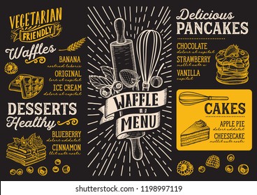 Waffle and pancake menu template for restaurant on a blackboard background vector illustration brochure for food and drink cafe. Design layout with vintage lettering and doodle hand-drawn graphic.