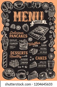 Waffle and pancake menu template for restaurant on a blackboard background vector illustration brochure for food and drink cafe. Design layout with lettering and frame of hand-drawn graphic fruits.