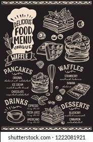 Waffle and pancake menu template for restaurant on a blackboard background vector illustration brochure for gourmet food and drink cafe. Design layout with chefs hat lettering and hand-drawn graphic.