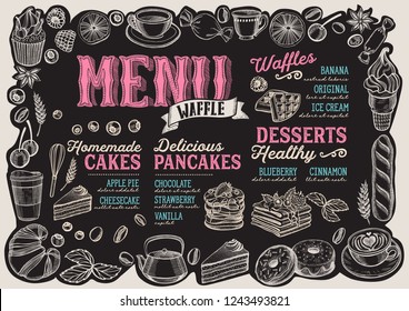 Waffle and pancake menu template for restaurant on a blackboard background vector illustration brochure for food and drink cafe. Design layout with vintage lettering and frame of hand-drawn graphic.