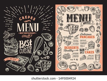 Waffle and pancake menu template for restaurant on background vector illustration brochure for food and drink cafe. Design layout with vintage lettering and doodle hand-drawn graphic icons.