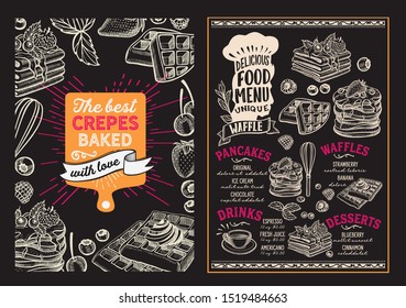 Waffle and pancake menu template for restaurant on background vector illustration brochure for food and drink cafe. Design layout with vintage lettering and doodle hand-drawn graphic icons.