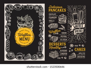 Waffle and pancake menu template for restaurant on background vector illustration brochure for food and drink cafe. Design layout with vintage lettering and doodle hand-drawn graphic icons.