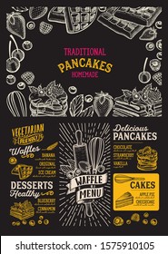 Waffle and pancake menu template for restaurant on background vector illustration brochure for food and drink cafe. Design layout with vintage lettering and doodle hand-drawn graphic icons.