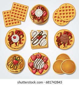 Waffle , Pancake Top View Set Vector Illustration