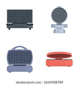 Waffle preparation icons set cartoon vector. Electric waffle maker. Kitchen appliance