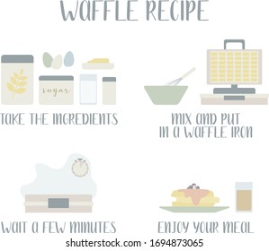 Waffle recipe, how to make pancake, cupcakes. Kitchenware, cooking food. Flat vector illustration.