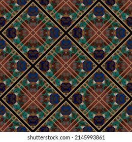 Waffle rhombus seamless pattern. Dirty colorful doodle lines abstract background. Vector repeat dark psychedelic backdrop. Doodles, zigzag lines, stripes, golden ropes. Rhombus frames. Endless texture