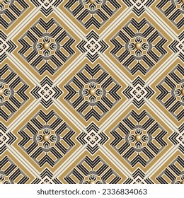 Waffle rhombus symmetrical geometric seamless pattern with surface round gold 3d buttons. Structured lines geometrical vector background. Repeat patterned colorful backdrop. Trendy beautiful ornaments