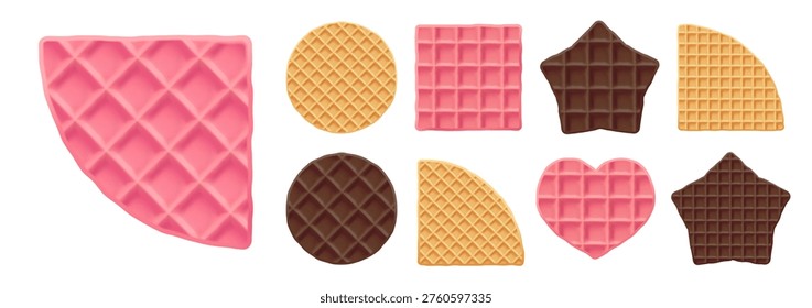 Waffle round biscuit for belgian ice cream, tasty wafer texture icon. Square pink stroopwafel and star chocolate belgium food, pattern background. Isolated cute cookie heart, sweet syrup pancake 3d
