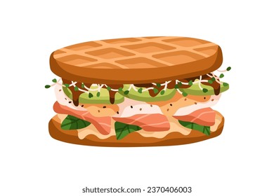 Waffle sandwich with salmon, greens and avocado slices. Tasty breakfast food, eating, snack, microgreen, red fish, sauce filling, stuffing. Flat vector illustration isolated on white background