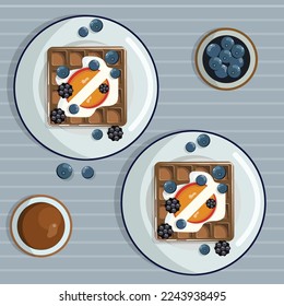 waffle with sauces and berries vectoral illustrations