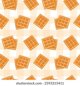 Waffle seamless pattern. Vector sweets illustration. Bakery wallpaper design element. Menu graphic sugar food. Cartoon, flat doodle drawing outline sketch style. Fabric print template.