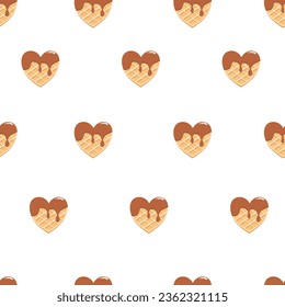 Waffle in the shape of a heart with chocolate glaze on white background. Seamless pattern. Texture for fabric, wrapping, wallpaper. Decorative print.
