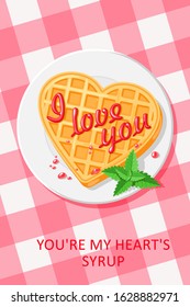 waffle in the shape of a heart with strawberries syrup, mint and inscription i love you on checkered pink background. valentine's day greeting card