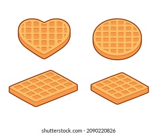 Waffle shapes set: round, square, rectangular and heart shaped waffles. Simple cartoon isometric icons, vector illustration.