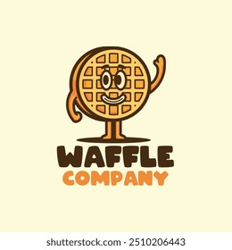 Waffle with smiling face and waving hand mascot logo retro vintage design