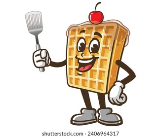 Waffle with spatula cartoon mascot illustration character vector clip art