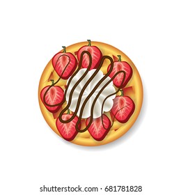 waffle , strawberry , whipped cream top view vector illustration