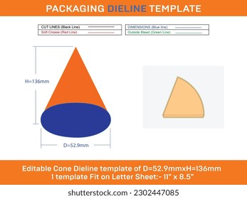 Waffle or sugar cone Ice cream cone dieline template D 52.9xH 136 mm