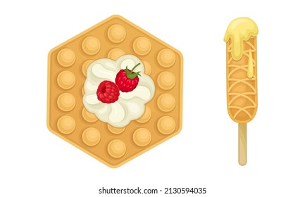 Waffle with Surface Impression Topped with Berry and Cream Vector Set