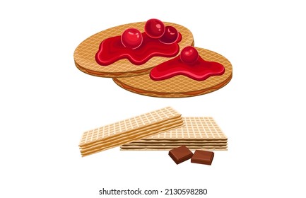 Waffle with Surface Impression Topped with Berry Vector Set