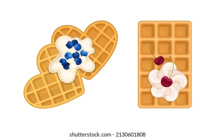 Waffel mit Oberflächenaufdruck mit Berry- und Cream-Vektorset