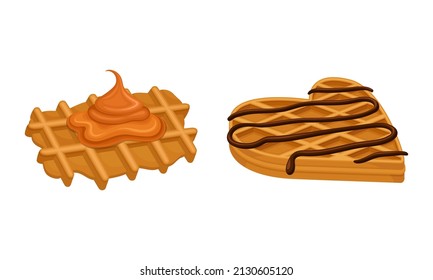 Waffle with Surface Impression Topped with Caramel and Chocolate Vector Set