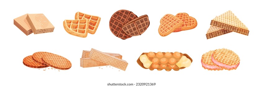 Waffle as Sweet Dish from Leavened Batter or Dough Vector Set