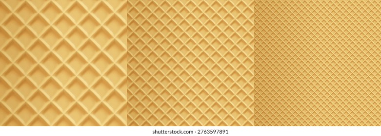 Waffle texture background, wafer diagonal pattern, milk chocolate cookie. Biscuit lattice for ice cream cone, vector summer, square stroopwafel waffel. Seamless bakery 3d caramel backdrop, cake baked