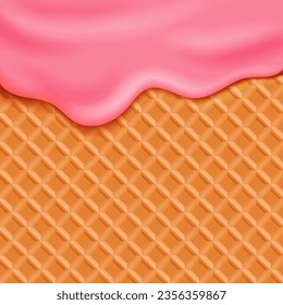 Waffle texture pattern with dripping pink ice cream
