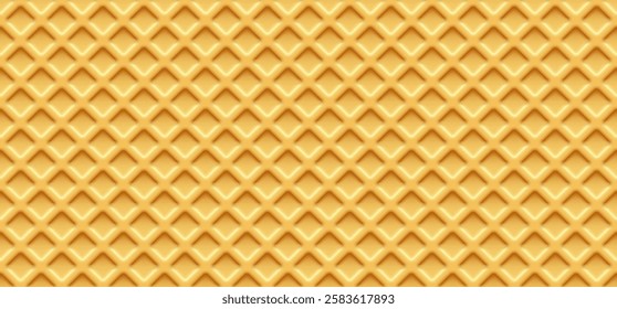 Waffle texture seamless background. Crispy square golden waffle pattern with soft shadows. Ice cream cone backdrop. Realistic vector illustration.