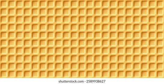 Waffle texture seamless background. Crispy square golden waffle pattern with soft shadows. Ice cream cone backdrop. Realistic vector illustration.