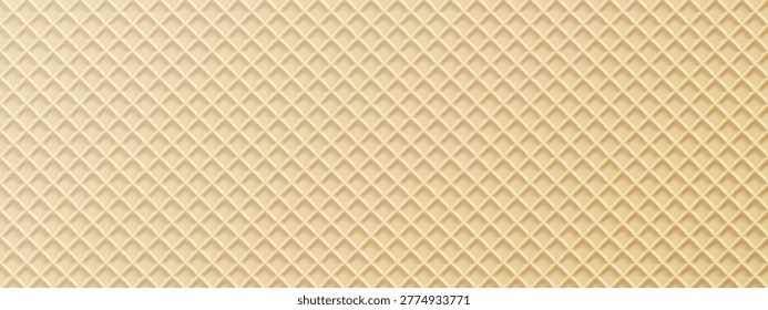Waffle texture vector bg, baked biscuit of ice cream cone. Seamless cookie square pattern. Sweet crispy wafer, dessert menu banner. Bakery 3d structure of summer food, cartoon cute yellow pancake