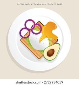 Waffle cubierto con aguacate y huevo escalfado. Nutritivo plato de desayuno con waffle, aguacate y huevo escalfado.
