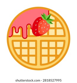 Waffle topped with a strawberry and strawberry sauce.