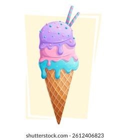 A waffle tube of delicious multi-colored ice cream on a yellow background. The concept of confectionery, baking, cooking. Isolated vector illustration for menu design, posters, banners, covers