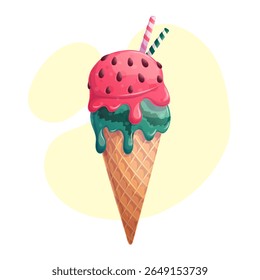 A waffle tube with delicious watermelon ice cream on a yellow background. The concept of confectionery, baking, cooking. Isolated vector illustration for menu design, posters, banners, covers