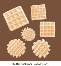 Waffle vector, waffle illustration, line drawing on brown background.