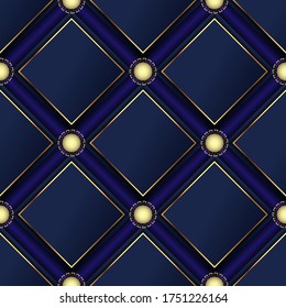 Waffled 3d vector seamless pattern. Geometric luxury surface background. Repeat dark blue modern backdrop. Beautiful ornate abstract ornaments with rhombus, gold frames, round greek style mandalas.