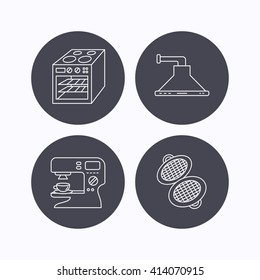 Waffle-iron, coffee maker and oven icons. Kitchen hood linear sign. Flat icons in circle buttons on white background. Vector